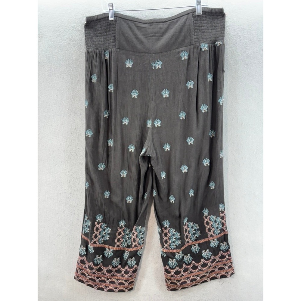 Sundance Mia Pants Women Sz XL Embroidered Wide Leg Smocked Boho Cropped Pockets - Picture 8 of 9